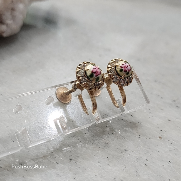 Vintage Floral Porcelain Screw Back Earrings | Rhinestone Gold Tone - Picture 11 of 13
